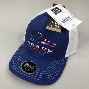Drake DPF Fishing Hat Blue Mens L/XL Stretch Fit Ball Cap USA Flag Logo New NWT